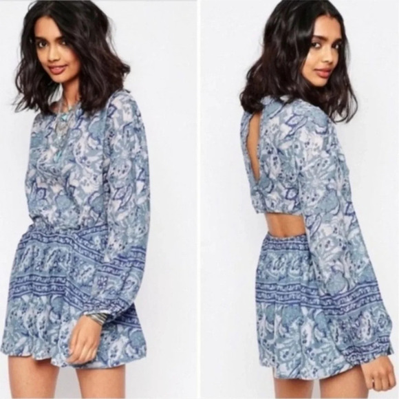 FREE PEOPLE Bohemian Mini Dress Silver Sun Cutout Blue Washed Pockets, Medium - Picture 2 of 16